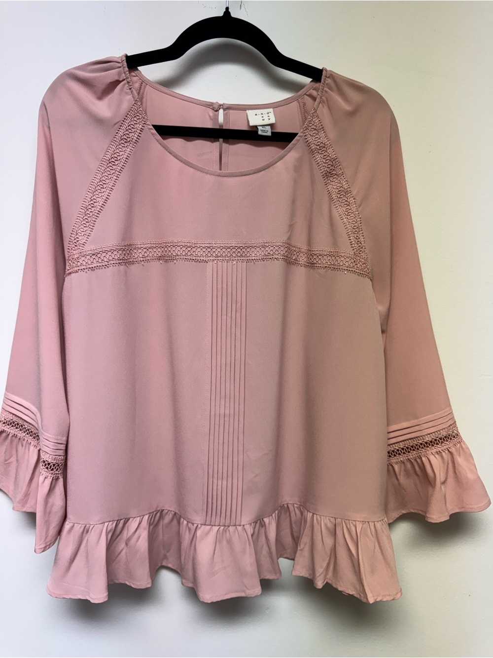 A new day Dusty Pink Peasant  romantic Blouse with Ruffle Hem/sleeves,sizeXL